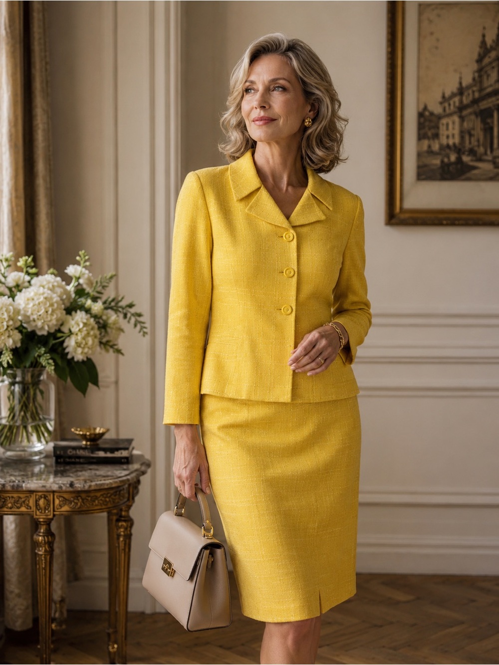 Vintage Christian Dior Elegant Yellow Tweed Skirt Blazer Set